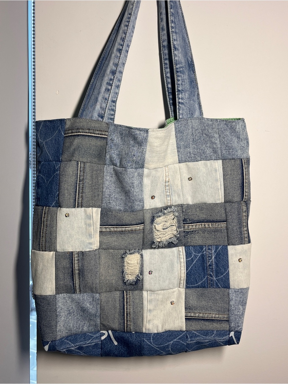 Homemade Patchwork Denim and Cream Tote | Upcycled Denim